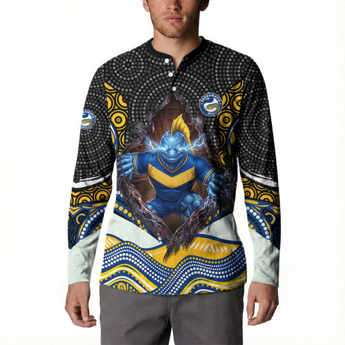 Parramatta Eels Button Sweatshirt The Scream of Lightning Eyes - Indigenous Dot Ripping Effect