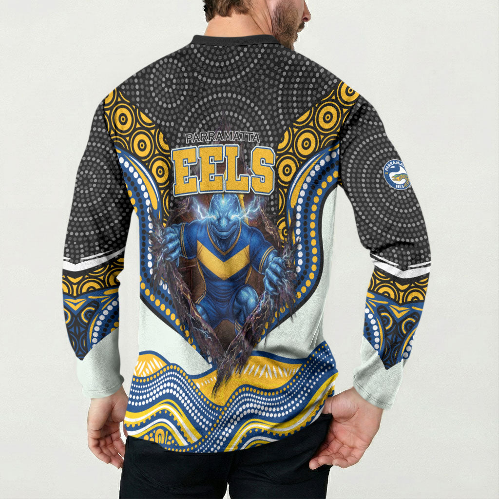 Parramatta Eels Button Sweatshirt The Scream of Lightning Eyes - Indigenous Dot Ripping Effect