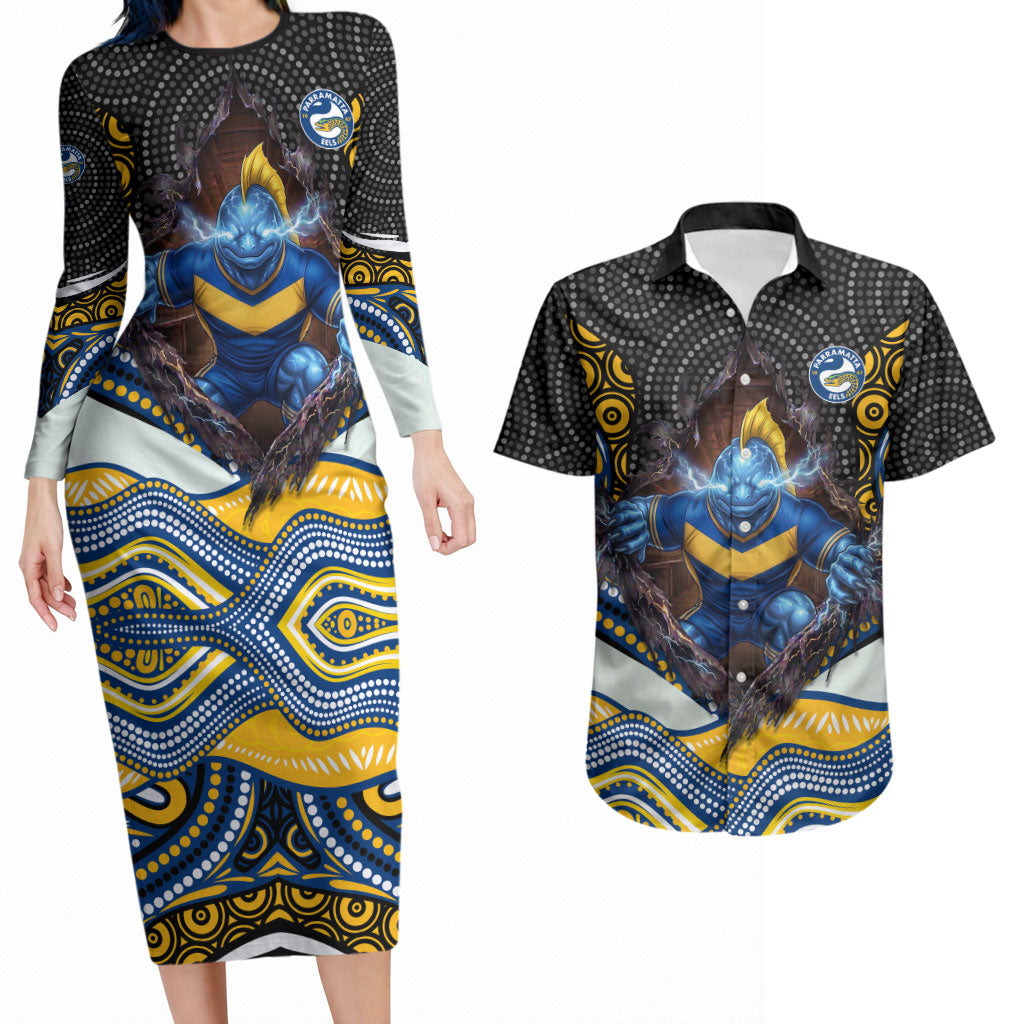 Parramatta Eels Couples Matching Long Sleeve Bodycon Dress and Hawaiian Shirt The Scream of Lightning Eyes - Indigenous Dot Ripping Effect