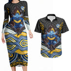 Parramatta Eels Couples Matching Long Sleeve Bodycon Dress and Hawaiian Shirt The Scream of Lightning Eyes - Indigenous Dot Ripping Effect