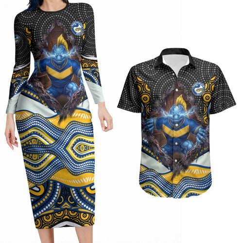 Parramatta Eels Couples Matching Long Sleeve Bodycon Dress and Hawaiian Shirt The Scream of Lightning Eyes - Indigenous Dot Ripping Effect
