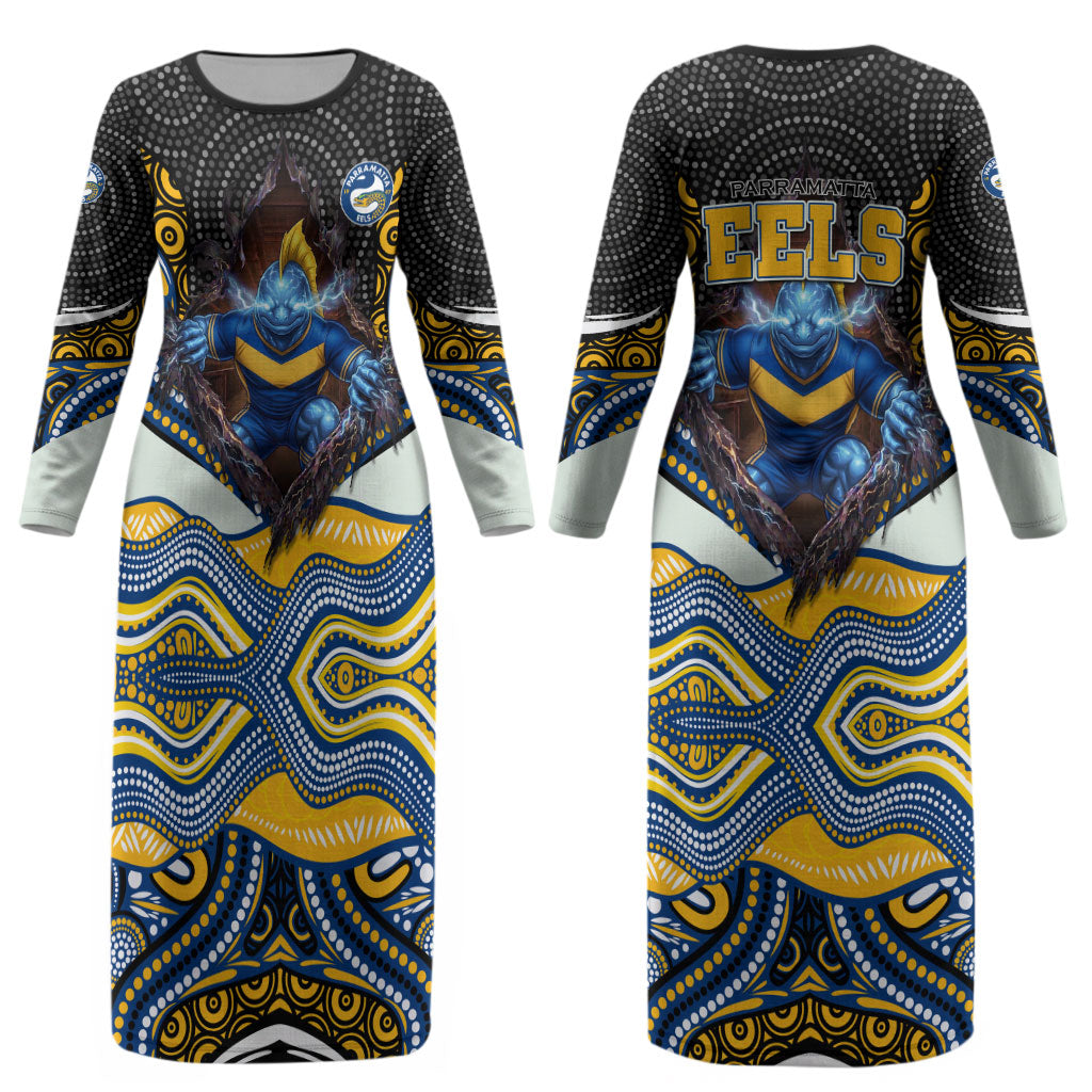 Parramatta Eels Couples Matching Long Sleeve Bodycon Dress and Hawaiian Shirt The Scream of Lightning Eyes - Indigenous Dot Ripping Effect