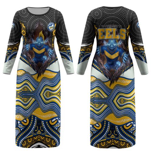 Parramatta Eels Couples Matching Long Sleeve Bodycon Dress and Hawaiian Shirt The Scream of Lightning Eyes - Indigenous Dot Ripping Effect