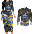 Parramatta Eels Couples Matching Long Sleeve Bodycon Dress and Long Sleeve Button Shirt The Scream of Lightning Eyes - Indigenous Dot Ripping Effect
