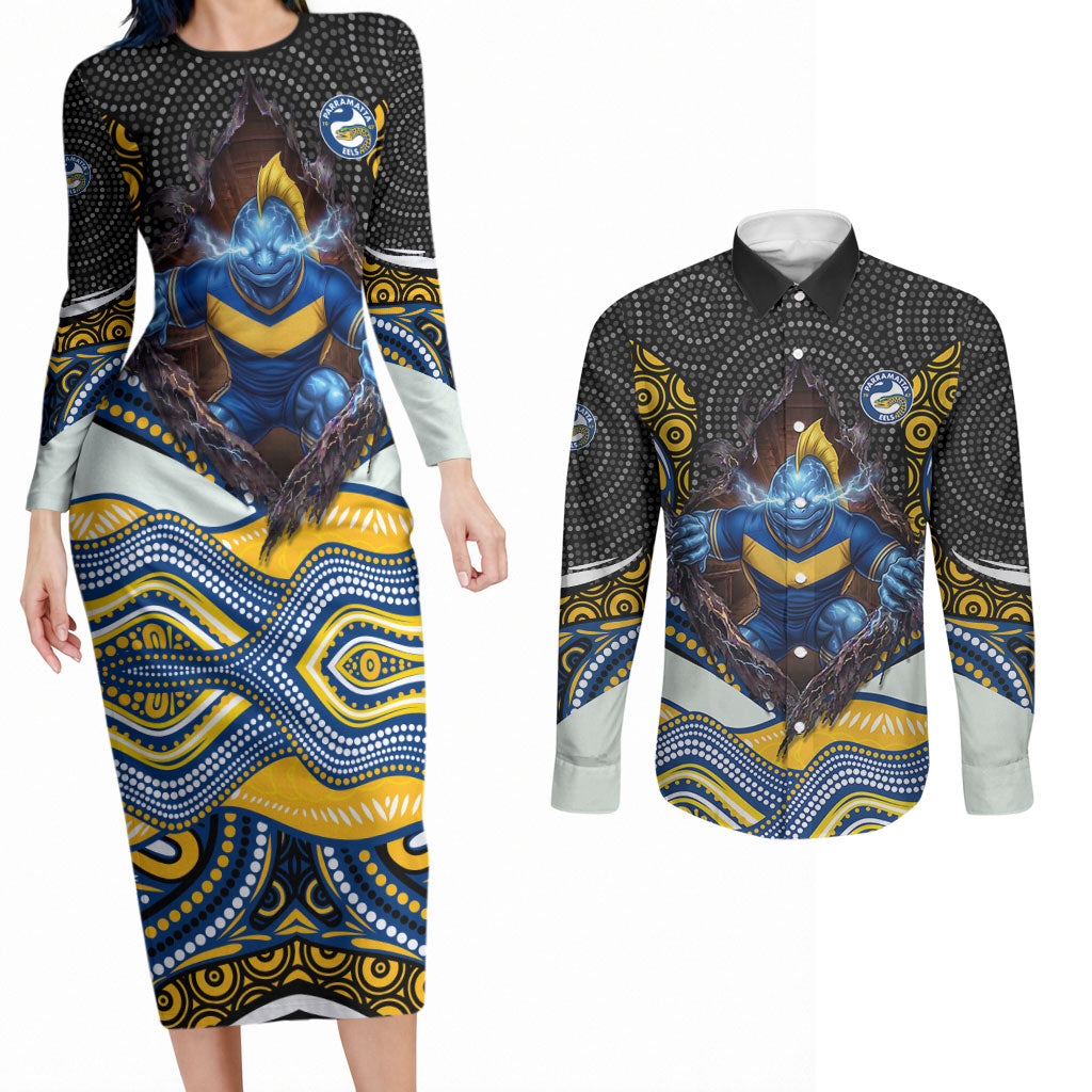 Parramatta Eels Couples Matching Long Sleeve Bodycon Dress and Long Sleeve Button Shirt The Scream of Lightning Eyes - Indigenous Dot Ripping Effect