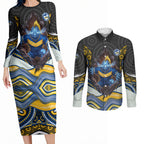 Parramatta Eels Couples Matching Long Sleeve Bodycon Dress and Long Sleeve Button Shirt The Scream of Lightning Eyes - Indigenous Dot Ripping Effect