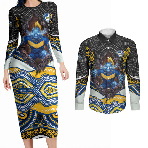 Parramatta Eels Couples Matching Long Sleeve Bodycon Dress and Long Sleeve Button Shirt The Scream of Lightning Eyes - Indigenous Dot Ripping Effect