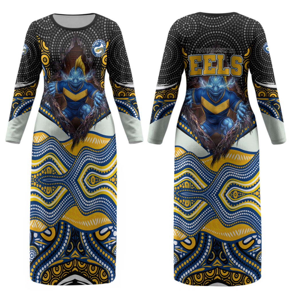 Parramatta Eels Couples Matching Long Sleeve Bodycon Dress and Long Sleeve Button Shirt The Scream of Lightning Eyes - Indigenous Dot Ripping Effect