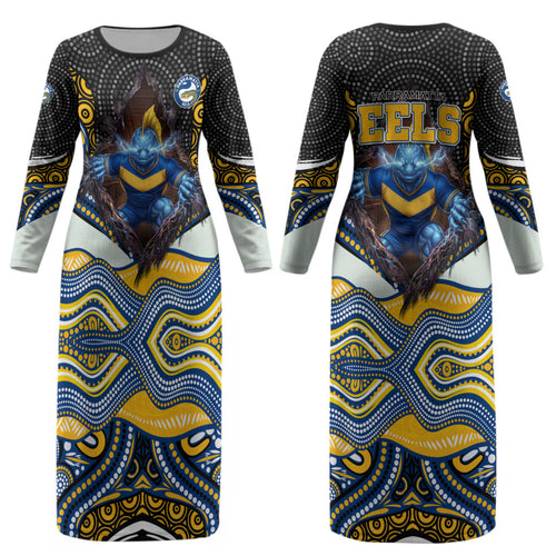 Parramatta Eels Couples Matching Long Sleeve Bodycon Dress and Long Sleeve Button Shirt The Scream of Lightning Eyes - Indigenous Dot Ripping Effect