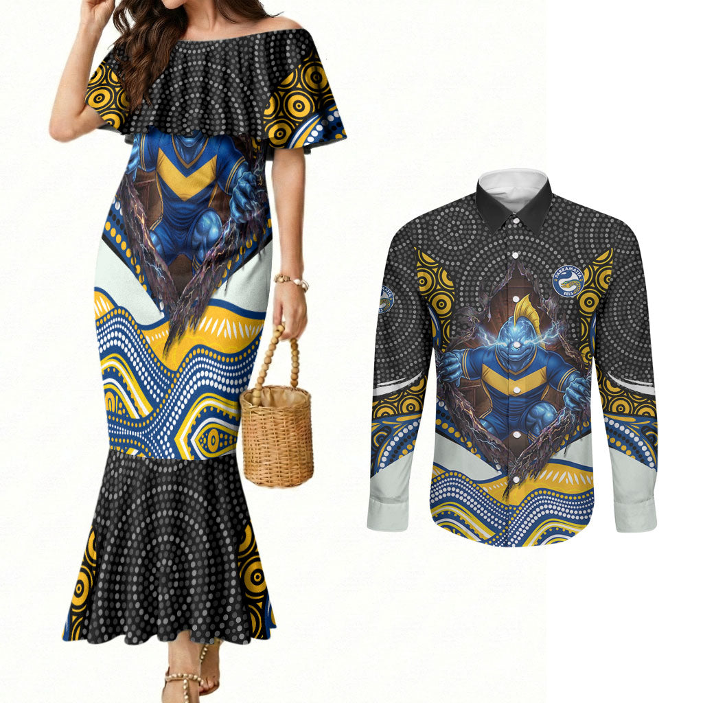 Parramatta Eels Couples Matching Mermaid Dress and Long Sleeve Button Shirt The Scream of Lightning Eyes - Indigenous Dot Ripping Effect