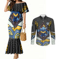 Parramatta Eels Couples Matching Mermaid Dress and Long Sleeve Button Shirt The Scream of Lightning Eyes - Indigenous Dot Ripping Effect