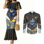Parramatta Eels Couples Matching Mermaid Dress and Long Sleeve Button Shirt The Scream of Lightning Eyes - Indigenous Dot Ripping Effect