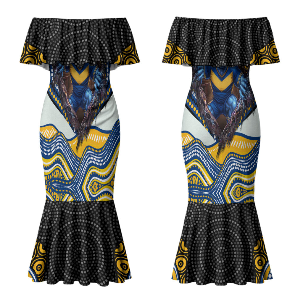 Parramatta Eels Couples Matching Mermaid Dress and Long Sleeve Button Shirt The Scream of Lightning Eyes - Indigenous Dot Ripping Effect
