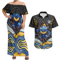 Parramatta Eels Couples Matching Off Shoulder Maxi Dress and Hawaiian Shirt The Scream of Lightning Eyes - Indigenous Dot Ripping Effect