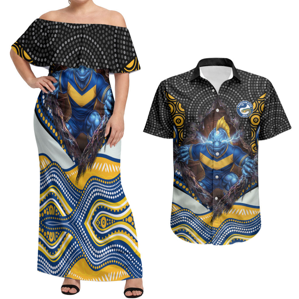 Parramatta Eels Couples Matching Off Shoulder Maxi Dress and Hawaiian Shirt The Scream of Lightning Eyes - Indigenous Dot Ripping Effect
