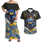 Parramatta Eels Couples Matching Off Shoulder Maxi Dress and Hawaiian Shirt The Scream of Lightning Eyes - Indigenous Dot Ripping Effect