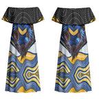 Parramatta Eels Couples Matching Off Shoulder Maxi Dress and Hawaiian Shirt The Scream of Lightning Eyes - Indigenous Dot Ripping Effect