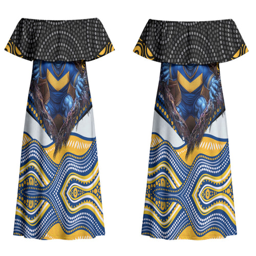 Parramatta Eels Couples Matching Off Shoulder Maxi Dress and Hawaiian Shirt The Scream of Lightning Eyes - Indigenous Dot Ripping Effect