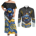 Parramatta Eels Couples Matching Off Shoulder Maxi Dress and Long Sleeve Button Shirt The Scream of Lightning Eyes - Indigenous Dot Ripping Effect