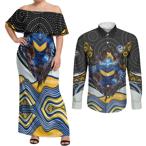 Parramatta Eels Couples Matching Off Shoulder Maxi Dress and Long Sleeve Button Shirt The Scream of Lightning Eyes - Indigenous Dot Ripping Effect