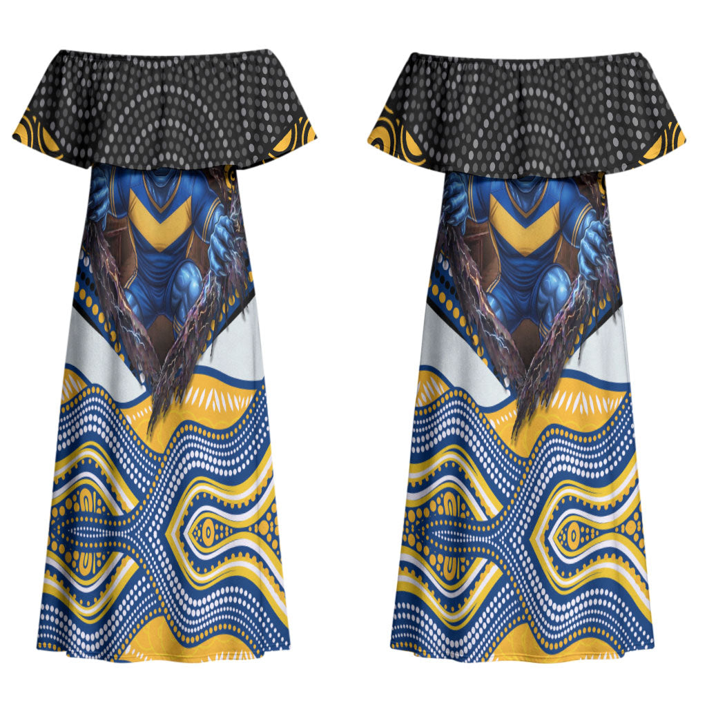 Parramatta Eels Couples Matching Off Shoulder Maxi Dress and Long Sleeve Button Shirt The Scream of Lightning Eyes - Indigenous Dot Ripping Effect