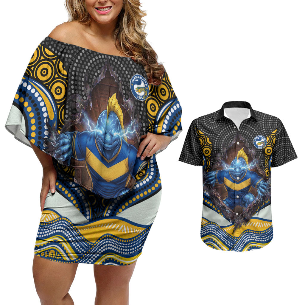 Parramatta Eels Couples Matching Off Shoulder Short Dress and Hawaiian Shirt The Scream of Lightning Eyes - Indigenous Dot Ripping Effect