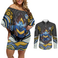 Parramatta Eels Couples Matching Off Shoulder Short Dress and Long Sleeve Button Shirt The Scream of Lightning Eyes - Indigenous Dot Ripping Effect
