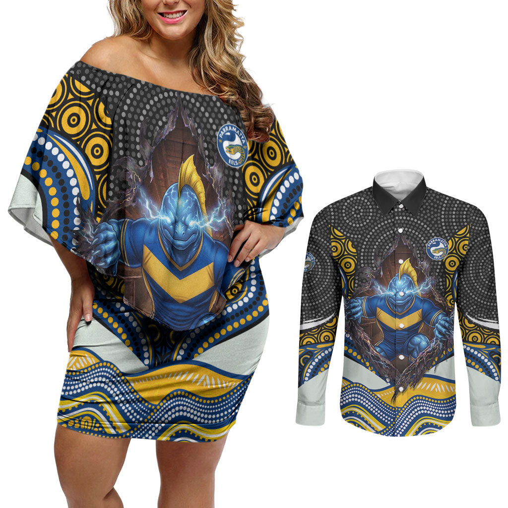 Parramatta Eels Couples Matching Off Shoulder Short Dress and Long Sleeve Button Shirt The Scream of Lightning Eyes - Indigenous Dot Ripping Effect