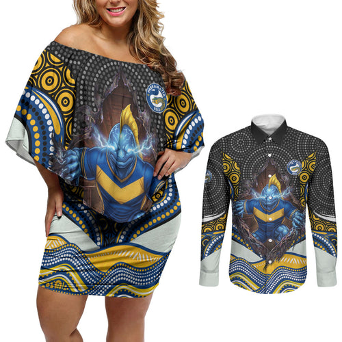 Parramatta Eels Couples Matching Off Shoulder Short Dress and Long Sleeve Button Shirt The Scream of Lightning Eyes - Indigenous Dot Ripping Effect