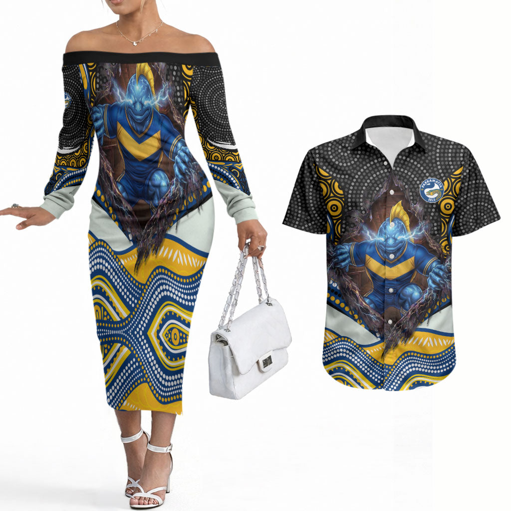 Parramatta Eels Couples Matching Off The Shoulder Long Sleeve Dress and Hawaiian Shirt The Scream of Lightning Eyes - Indigenous Dot Ripping Effect