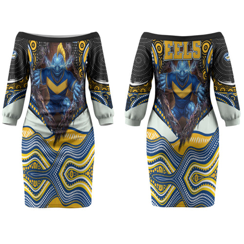 Parramatta Eels Couples Matching Off The Shoulder Long Sleeve Dress and Hawaiian Shirt The Scream of Lightning Eyes - Indigenous Dot Ripping Effect