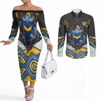 Parramatta Eels Couples Matching Off The Shoulder Long Sleeve Dress and Long Sleeve Button Shirt The Scream of Lightning Eyes - Indigenous Dot Ripping Effect