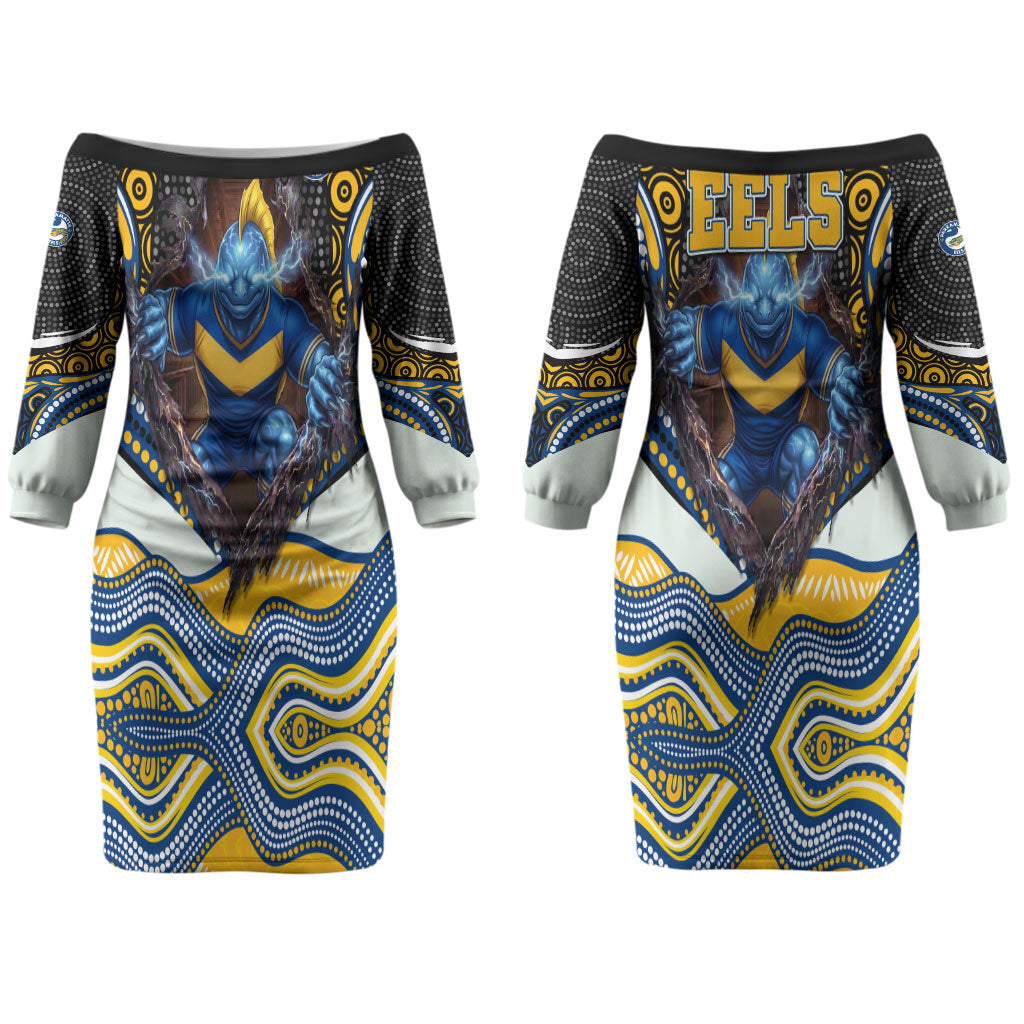 Parramatta Eels Couples Matching Off The Shoulder Long Sleeve Dress and Long Sleeve Button Shirt The Scream of Lightning Eyes - Indigenous Dot Ripping Effect