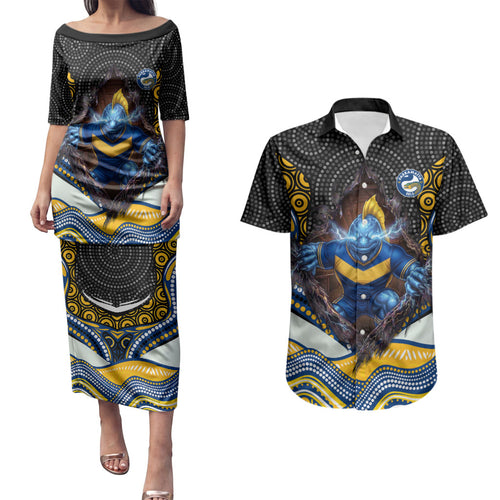 Parramatta Eels Couples Matching Puletasi and Hawaiian Shirt The Scream of Lightning Eyes - Indigenous Dot Ripping Effect