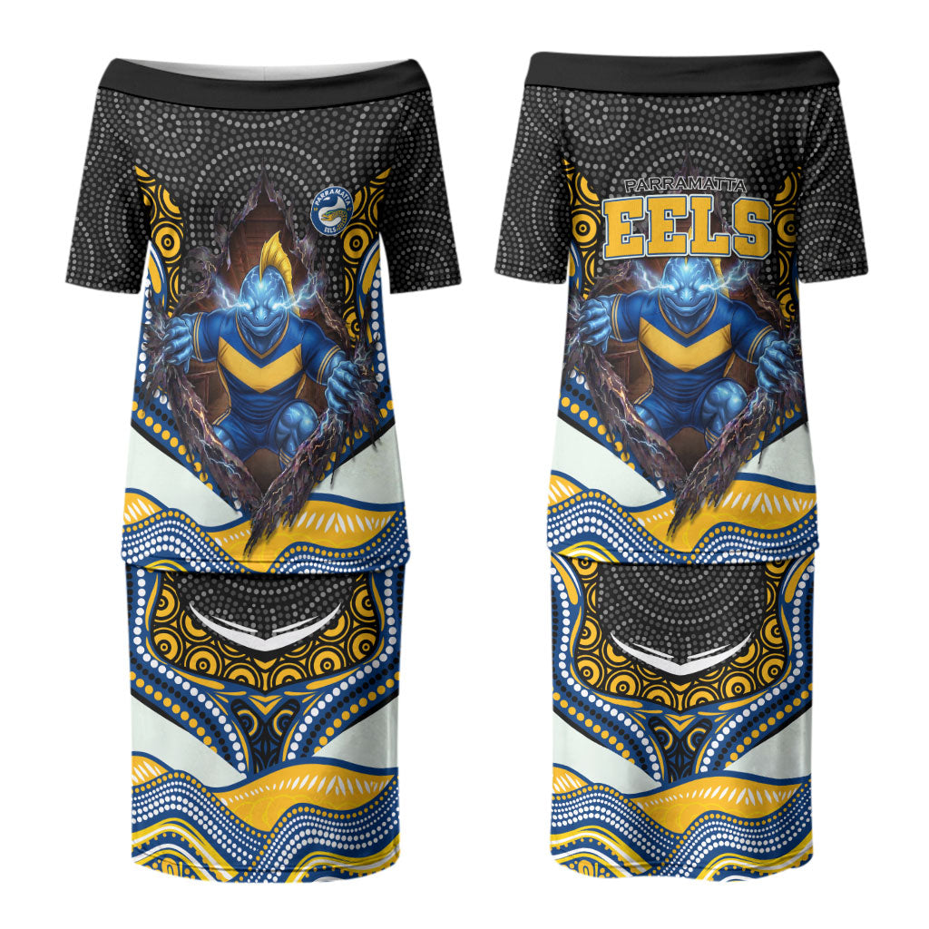 Parramatta Eels Couples Matching Puletasi and Hawaiian Shirt The Scream of Lightning Eyes - Indigenous Dot Ripping Effect
