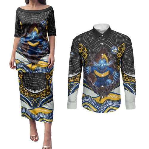Parramatta Eels Couples Matching Puletasi and Long Sleeve Button Shirt The Scream of Lightning Eyes - Indigenous Dot Ripping Effect