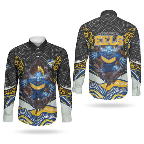 Parramatta Eels Couples Matching Puletasi and Long Sleeve Button Shirt The Scream of Lightning Eyes - Indigenous Dot Ripping Effect