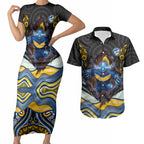 Parramatta Eels Couples Matching Short Sleeve Bodycon Dress and Hawaiian Shirt The Scream of Lightning Eyes - Indigenous Dot Ripping Effect