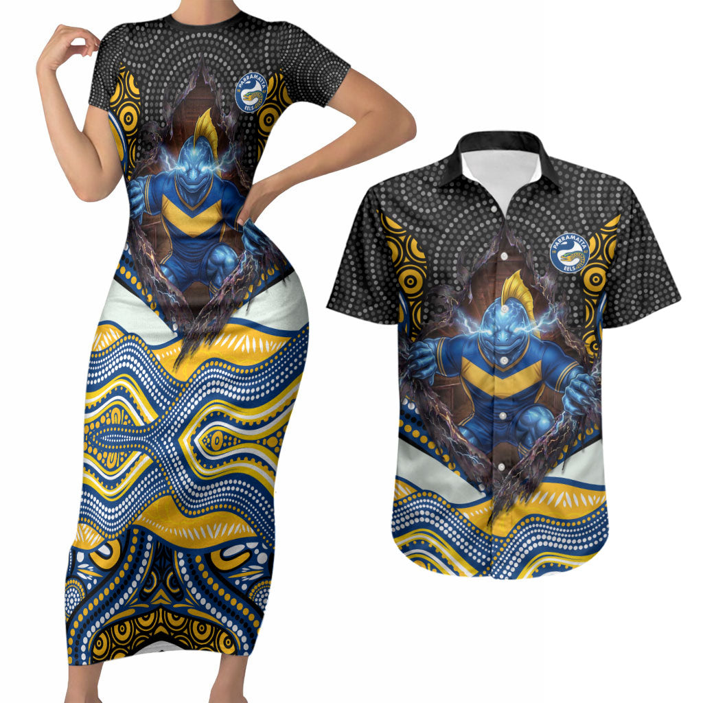Parramatta Eels Couples Matching Short Sleeve Bodycon Dress and Hawaiian Shirt The Scream of Lightning Eyes - Indigenous Dot Ripping Effect