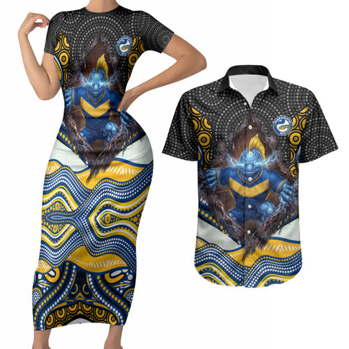 Parramatta Eels Couples Matching Short Sleeve Bodycon Dress and Hawaiian Shirt The Scream of Lightning Eyes - Indigenous Dot Ripping Effect