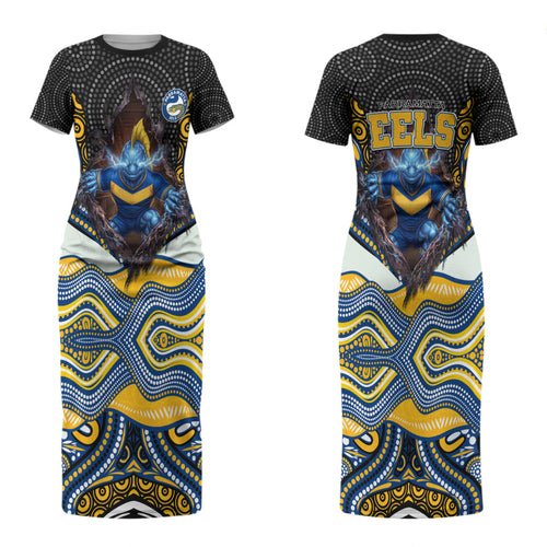 Parramatta Eels Couples Matching Short Sleeve Bodycon Dress and Hawaiian Shirt The Scream of Lightning Eyes - Indigenous Dot Ripping Effect