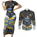 Parramatta Eels Couples Matching Short Sleeve Bodycon Dress and Long Sleeve Button Shirt The Scream of Lightning Eyes - Indigenous Dot Ripping Effect
