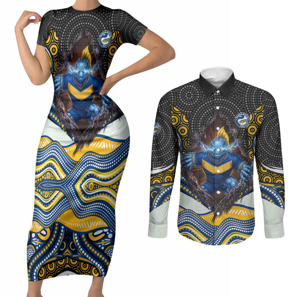 Parramatta Eels Couples Matching Short Sleeve Bodycon Dress and Long Sleeve Button Shirt The Scream of Lightning Eyes - Indigenous Dot Ripping Effect