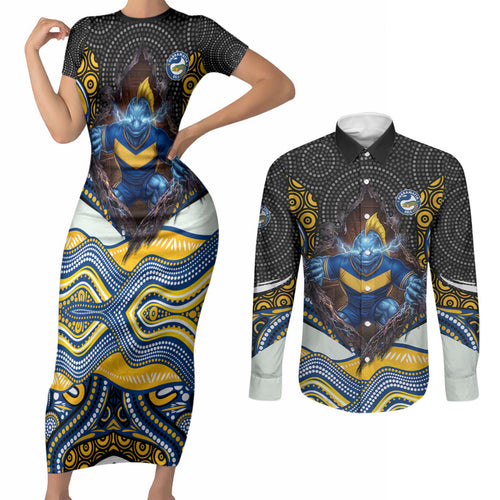 Parramatta Eels Couples Matching Short Sleeve Bodycon Dress and Long Sleeve Button Shirt The Scream of Lightning Eyes - Indigenous Dot Ripping Effect