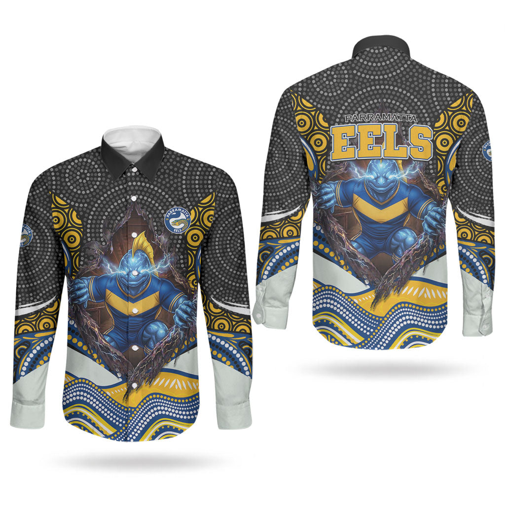 Parramatta Eels Couples Matching Short Sleeve Bodycon Dress and Long Sleeve Button Shirt The Scream of Lightning Eyes - Indigenous Dot Ripping Effect