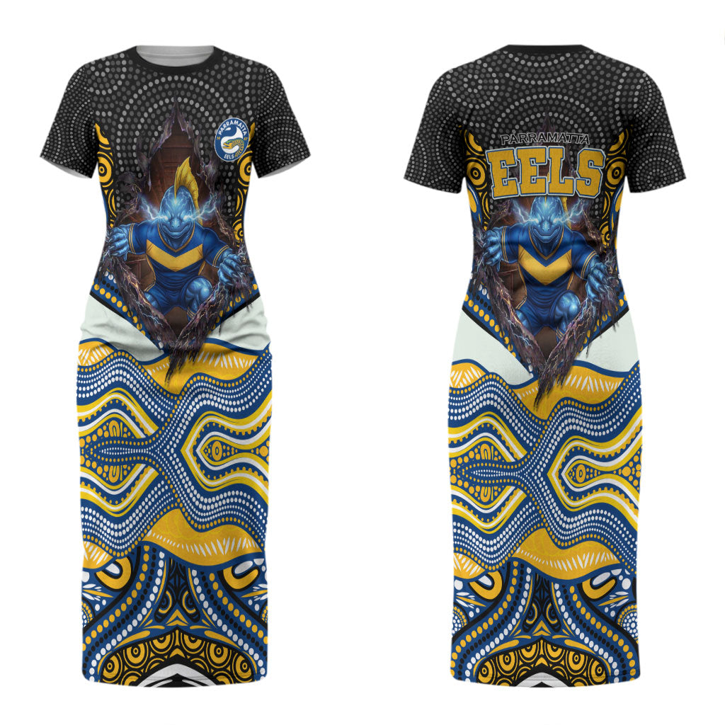 Parramatta Eels Couples Matching Short Sleeve Bodycon Dress and Long Sleeve Button Shirt The Scream of Lightning Eyes - Indigenous Dot Ripping Effect
