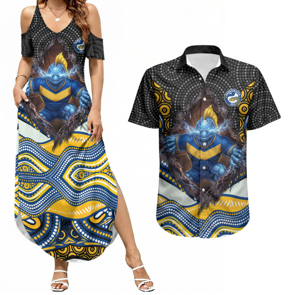 Parramatta Eels Couples Matching Summer Maxi Dress and Hawaiian Shirt The Scream of Lightning Eyes - Indigenous Dot Ripping Effect