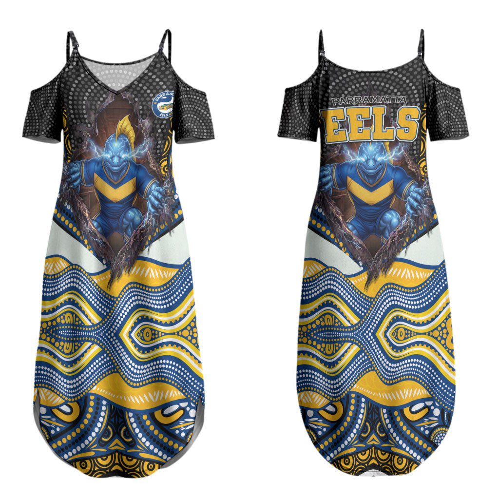Parramatta Eels Couples Matching Summer Maxi Dress and Hawaiian Shirt The Scream of Lightning Eyes - Indigenous Dot Ripping Effect