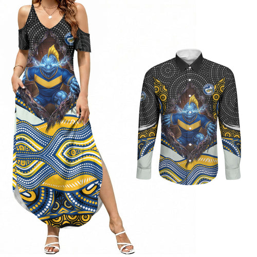 Parramatta Eels Couples Matching Summer Maxi Dress and Long Sleeve Button Shirt The Scream of Lightning Eyes - Indigenous Dot Ripping Effect