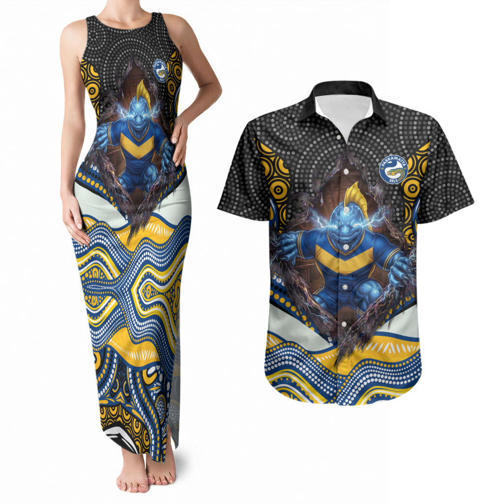 Parramatta Eels Couples Matching Tank Maxi Dress and Hawaiian Shirt The Scream of Lightning Eyes - Indigenous Dot Ripping Effect